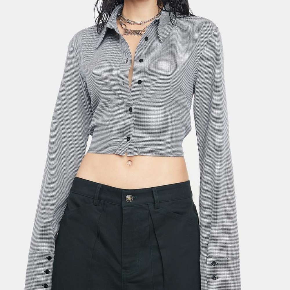 Lioness French Kiss Black and White Checkered Button Down Crop Top Size Small
